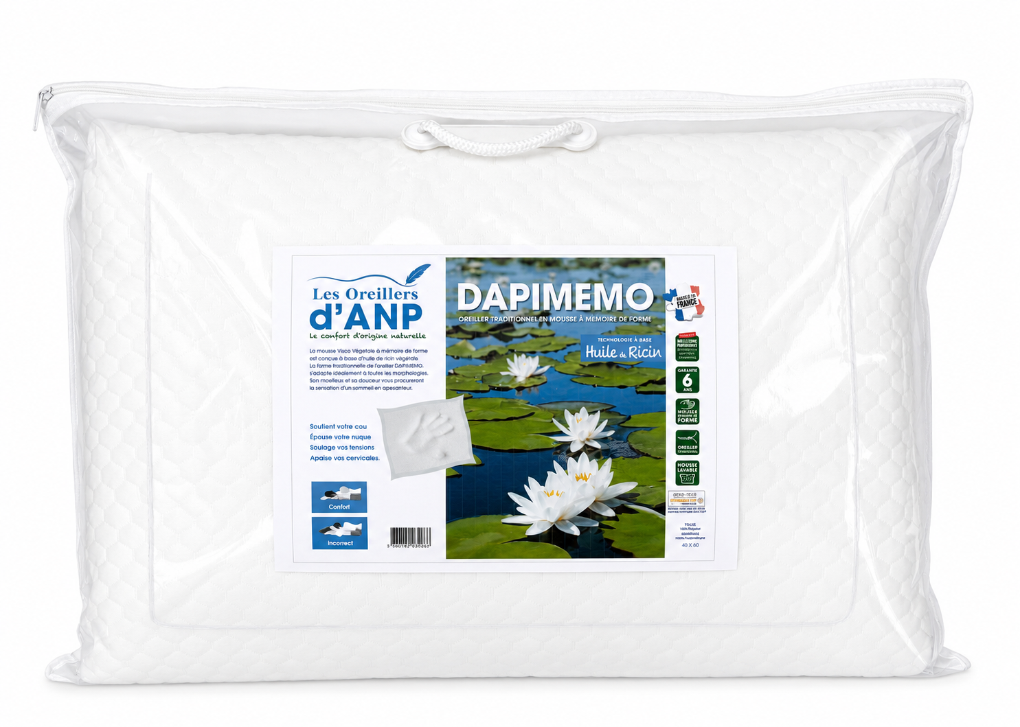 Oreiller à Mémoire de Forme – 40x60 cm – Fabrication Française 🇫🇷 – Déhoussable